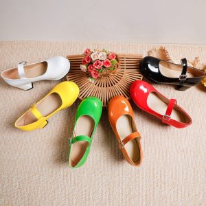 Lolita Style Patent Leather Mid Heel Chunky Buckle Flat Shoes