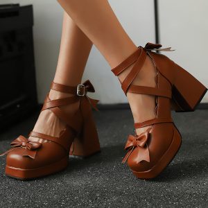 Women's Fashion High Heel Pumps with Cross Strap and Chunky Heel