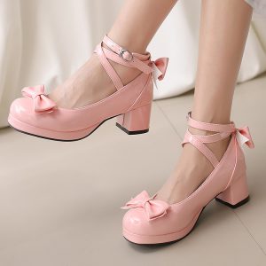 Women's Patent Leather Round Toe Cross Strap Chunky Mid Heel Flats