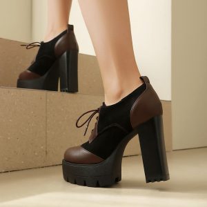 Deep Mouth High Heel Pump - Suede Leather, Round Toe, Lace-Up, Color Block