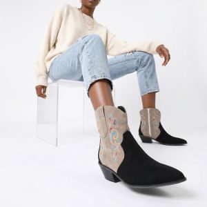 Women's Western Ankle Boots Embroidered Suede Mid Heel Side Zip