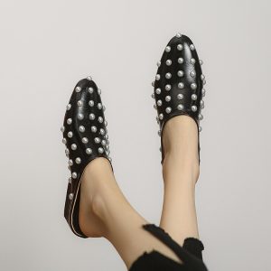Elegant Closed Toe Slippers with Beads Rhinestones and Studs