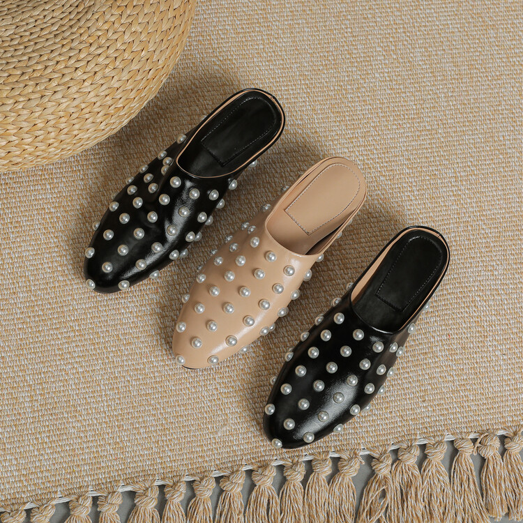 Elegant Closed Toe Slippers with Beads Rhinestones and Studs - Image 3