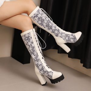 Fashion Floral Print Mid-Calf Chunky High Heel Boots