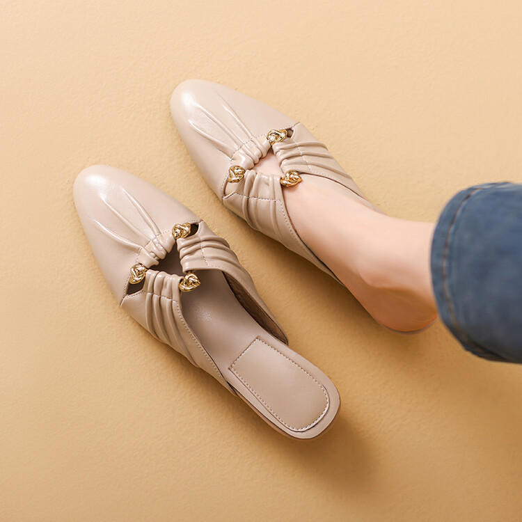 Light Luxury Sheepskin Slippers with Metal Cutout Decor and Mid Wedge Heel - Image 4