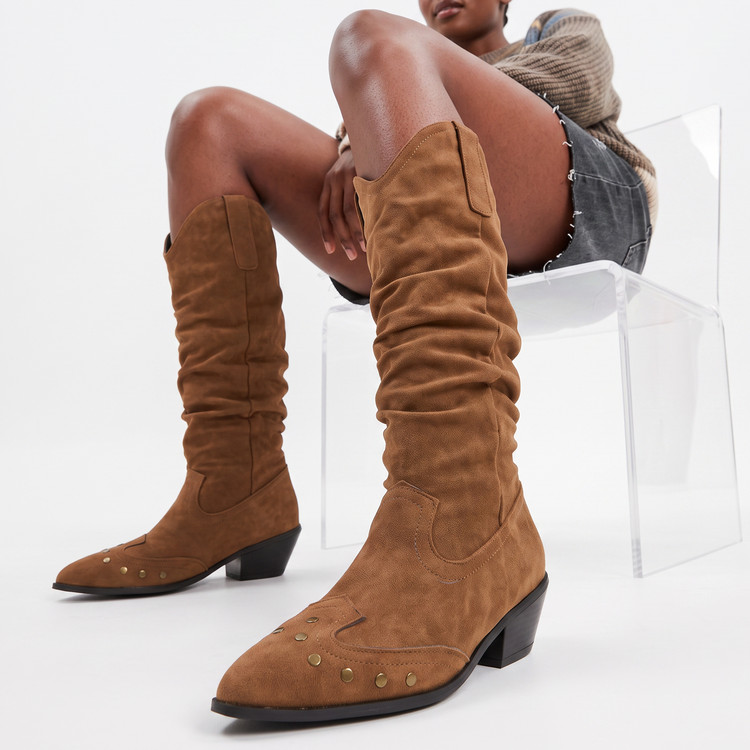 Women's Retro Pointed Toe High Shaft Riding Boots with Metal Rivets - Image 2
