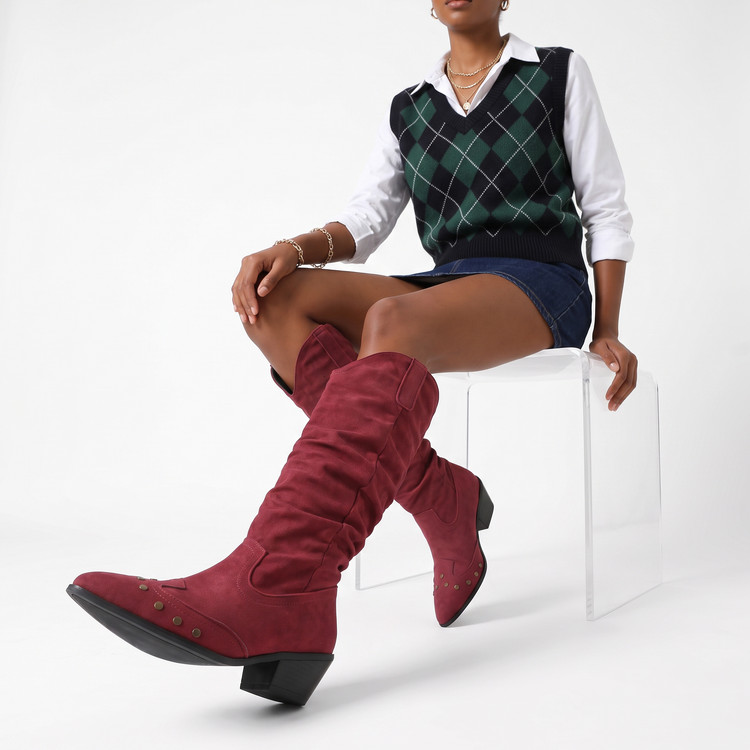 Women's Retro Pointed Toe High Shaft Riding Boots with Metal Rivets - Image 3