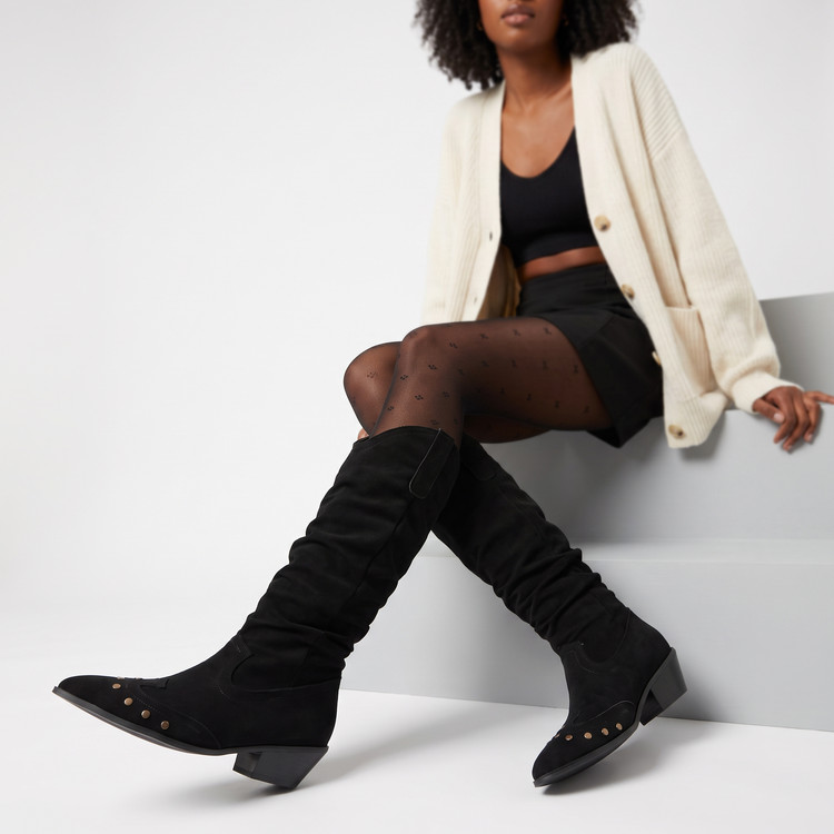 Women's Retro Pointed Toe High Shaft Riding Boots with Metal Rivets - Image 5