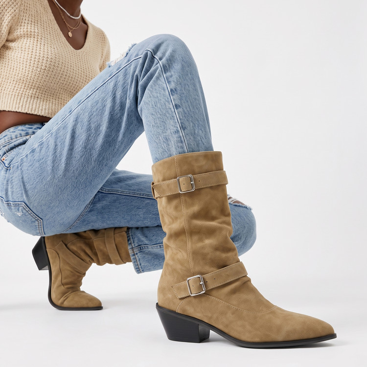 Women's Suede Western High Boots - Mid Chunky Heel Pointed Toe Slip-On - Image 2