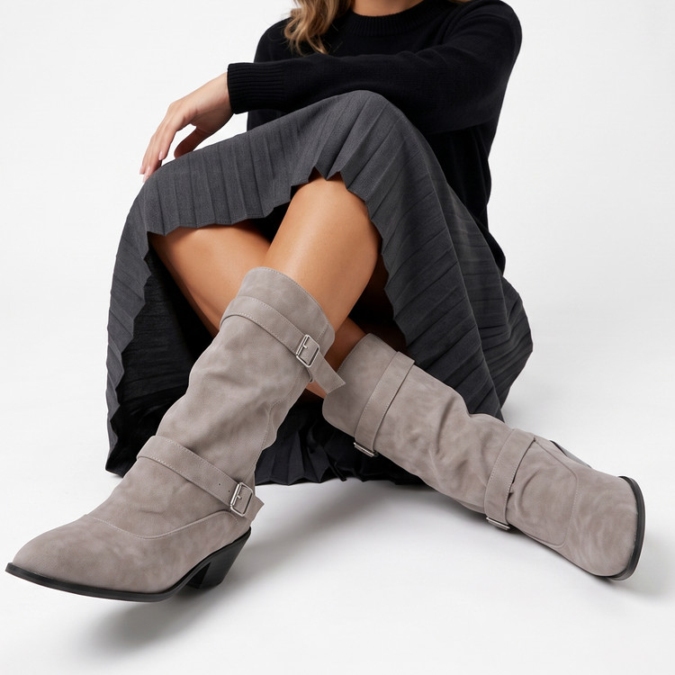 Women's Suede Western High Boots - Mid Chunky Heel Pointed Toe Slip-On - Image 3