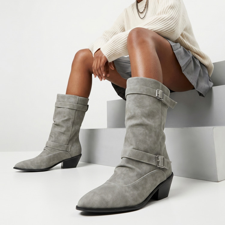 Women's Suede Western High Boots - Mid Chunky Heel Pointed Toe Slip-On - Image 4