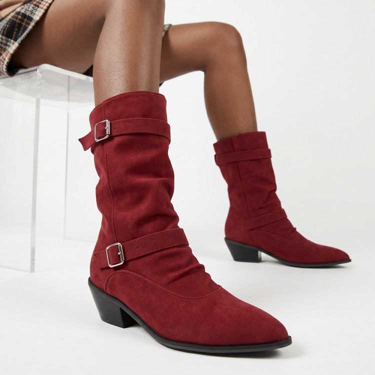 Women's Suede Western High Boots - Mid Chunky Heel Pointed Toe Slip-On - Image 5